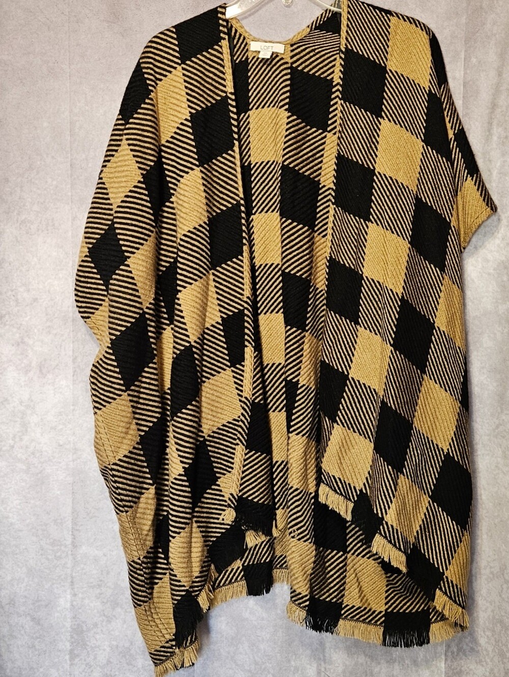 LOFT Buffalo Plaid Poncho Wrap Cardigan Open Front Fringe Mustard Yellow Black